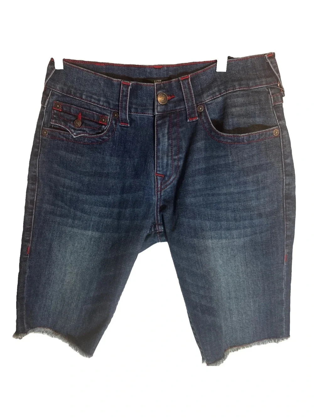 True Religion Men’s Indigo Denim Cutoff Shorts with Red Stitching